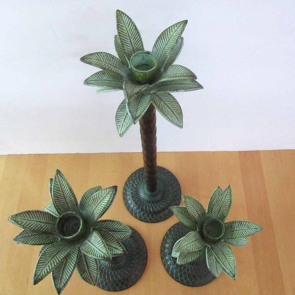 Vintage Two's Company Tommys Island palm tree metal candlesticks - set of 3
